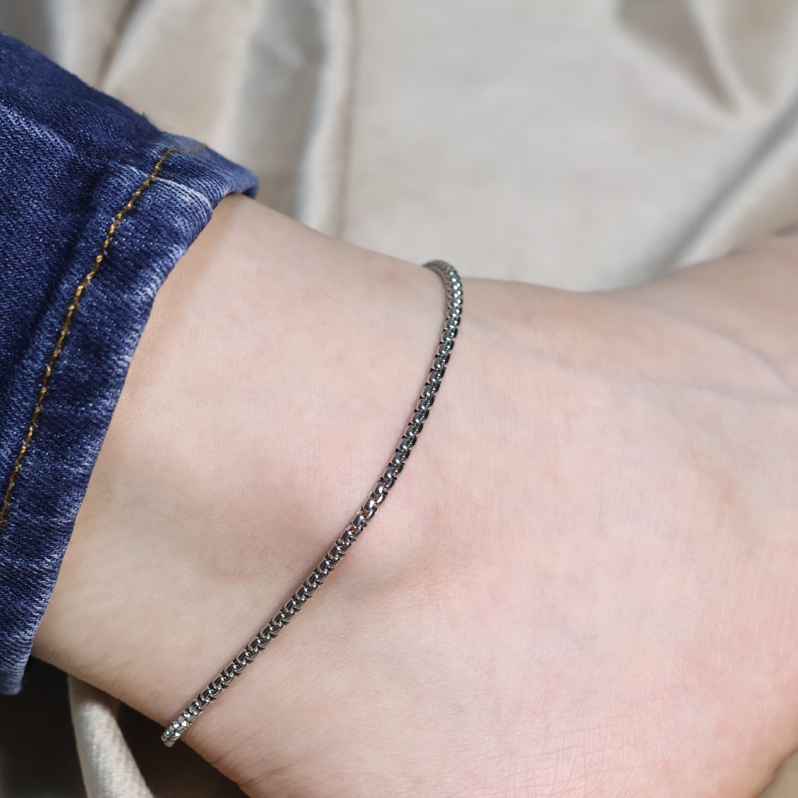 アンクレット レディース 316L サージカルステンレス シンプル ボックスチェーン 幅2.5mm 全長20+5㎝ 軽量 ロジウムコーティング 金属アレルギー対応 (typeB)