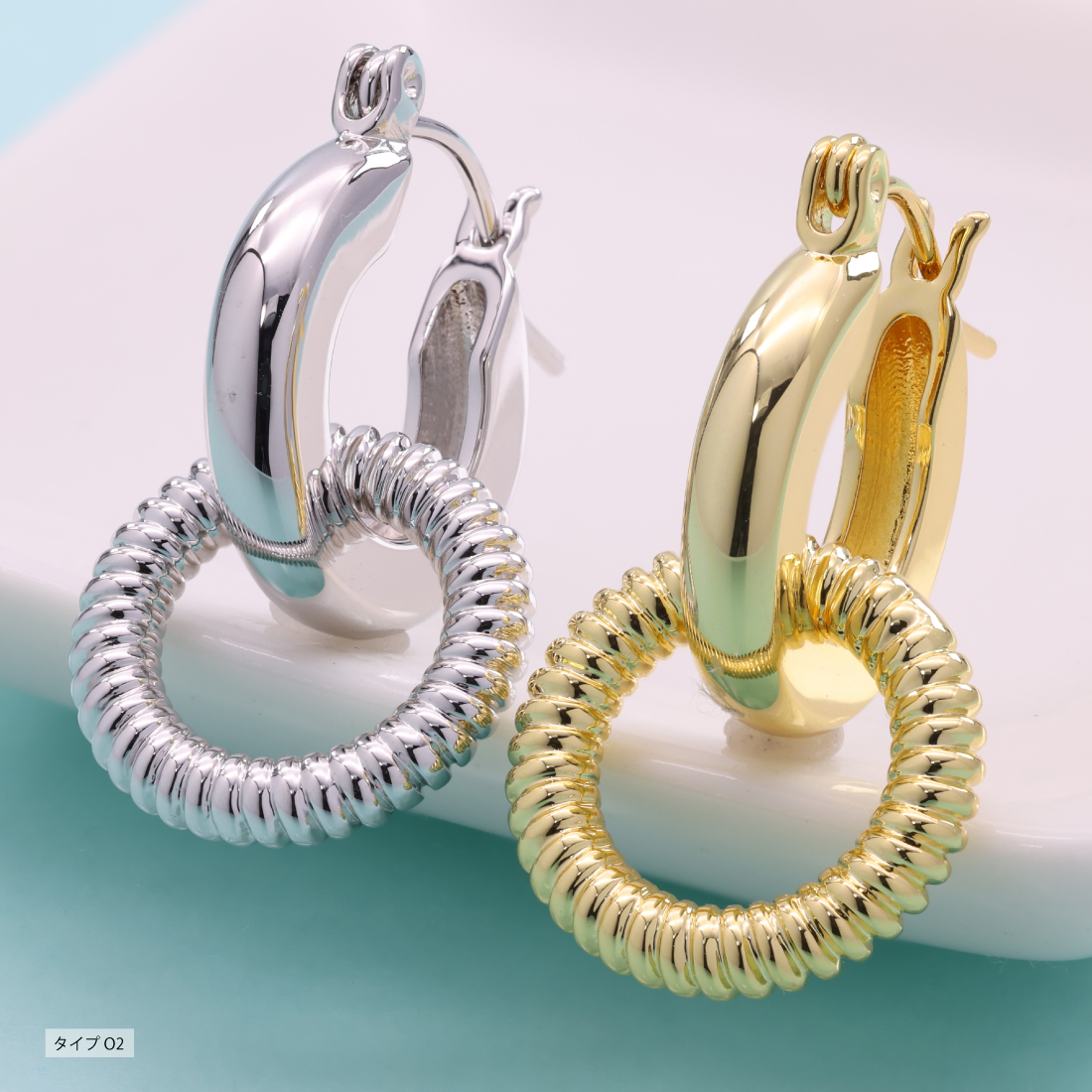 ダブル フープ ピアス レディース 人気 フープピアス ダングル 1ペア 18KGP リングピアス 光沢 金属アレルギー対応