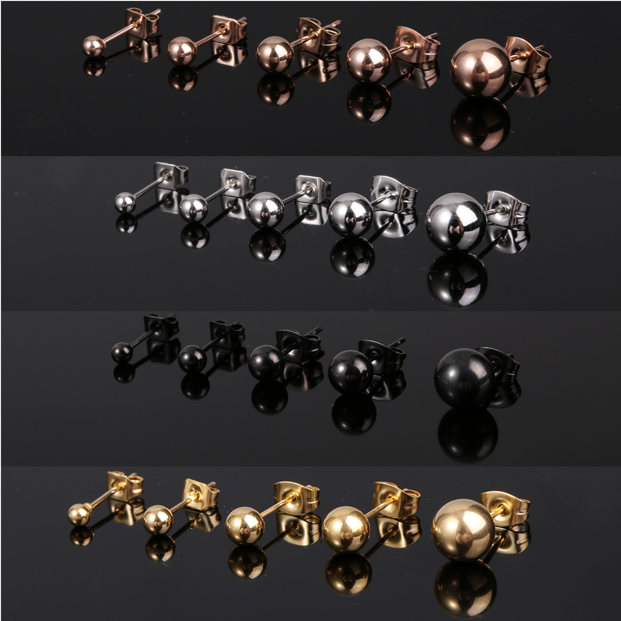 2色・4サイズセット サージカルステンレス ボールピアス 丸玉 ペアセット つけっぱなし メンズ レディース 男女兼用 金属アレルギー対応