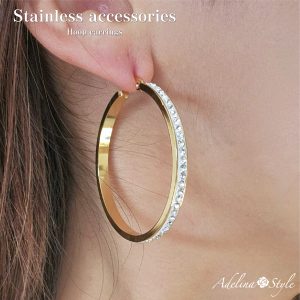 [Adelina Style] ハート リングピアス レディース 人気 フープピアス 大きめ ペア キュービックジルコニア ラインストーン ピアス サージカルステンレス 金属アレルギー対応