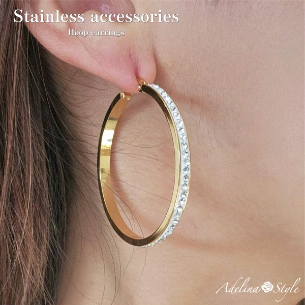 [Adelina Style] ハート リングピアス レディース 人気 フープピアス 大きめ ペア キュービックジルコニア ラインストーン ピアス サージカルステンレス 金属アレルギー対応