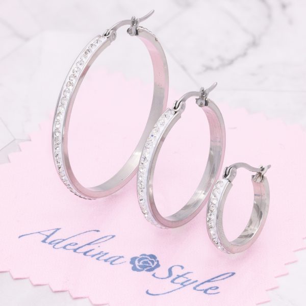[Adelina Style] リングピアス レディース 人気 フープピアス 大きめ ペア 幅3.6mm キュービックジルコニア ラインストーン ピアス サージカルステンレス 金属アレルギー対応 - 画像 (8)