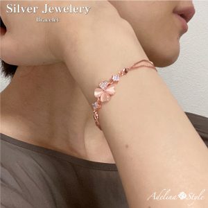 [Adelina Style] ブレスレット レディース 人気 よつば クローバー ジルコニア ボックスチェーン シンプル 合金 925シルバーメッキ 金属アレルギー対応 (タイプC ピンクゴールド)