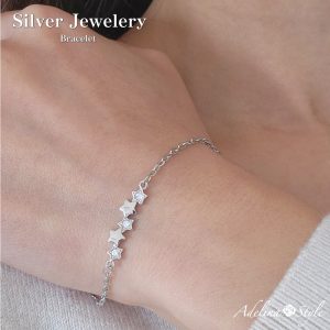 [Adelina Style] ブレスレット ファイブスター 星 AAAAAジルコニア あずきチェーン シンプル レディース 合金 925シルバーメッキ (タイプD シルバー)