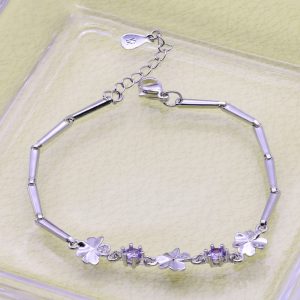 [Adelina Style] ブレスレット レディース 人気 よつば クローバー ジルコニア メロンシードチェーン シンプル 合金 925シルバーメッキ 金属アレルギー対応 (タイプE パープル)