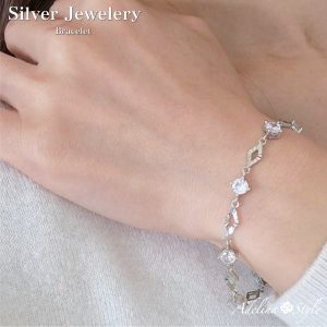 [Adelina Style] ブレスレット レディース 人気 7粒 AAAジルコニア 多面カット 菱形チェーン シンプル 合金 925シルバーメッキ 金属アレルギー対応 (タイプF シルバー)