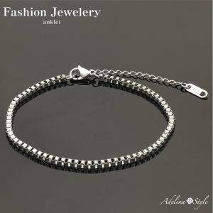 [Adelina Style] アンクレット レディース 316L サージカルステンレス シンプル ボックスチェーン 幅2.5mm 全長20+5㎝ 軽量 ロジウムコーティング 金属アレルギー対応 (typeE)