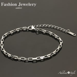 [Adelina Style] アンクレット レディース 316L サージカルステンレス シンプル ボックスチェーン 幅3.0mm 全長20+5㎝ 軽量 ロジウムコーティング 金属アレルギー対応 (typeI)