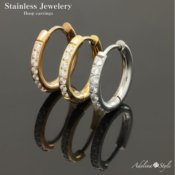 [Adelina Style] フープピアス 人気 つけっぱなし ラインストーン キュービックジルコニア 18G 1ペア メンズ レディース リング ピアス サージカルステンレス 金属アレルギー対応 両耳