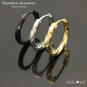 [Adelina Style] ひねり フープピアス 人気 幅2.5mm つけっぱなし 捻じれ サージカルステンレス 18G 1ペア メンズ レディース リング ピアス ねじれ 金属アレルギー対応 男女 両耳