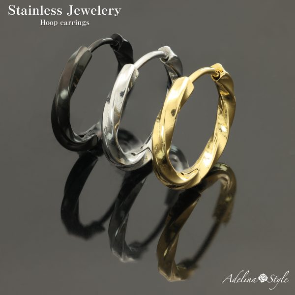 [Adelina Style] ひねり フープピアス 人気 幅2.5mm つけっぱなし 捻じれ サージカルステンレス 18G 1ペア メンズ レディース リング ピアス ねじれ 金属アレルギー対応 男女 両耳