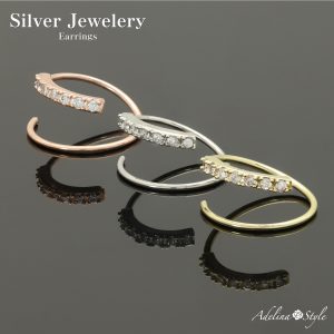 [Adelina Style] フープピアス クラッチレスピアス コイルピアス 1ペア S925 ハーフエタニティ つけっぱなし スパイラル らせん ラインストーン キュービックジルコニア メンズ レディース シンプル 金属アレルギー対応 男女