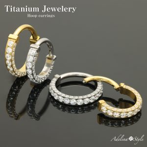 [Adelina Style] チタン フープピアス 人気 つけっぱなし 幅2.4mm G23純チタン ラインストーン AAAAA ジルコニア 16G 1ペア メンズ レディース 金属アレルギー対応