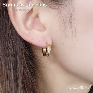 [Adelina Style] フープピアス 人気 太め 幅4mm 1粒キュービックジルコニア 鏡面 1ペア つけっぱなし 18G メンズ レディース リング ピアス サージカルステンレス 金属アレルギー対応 男女