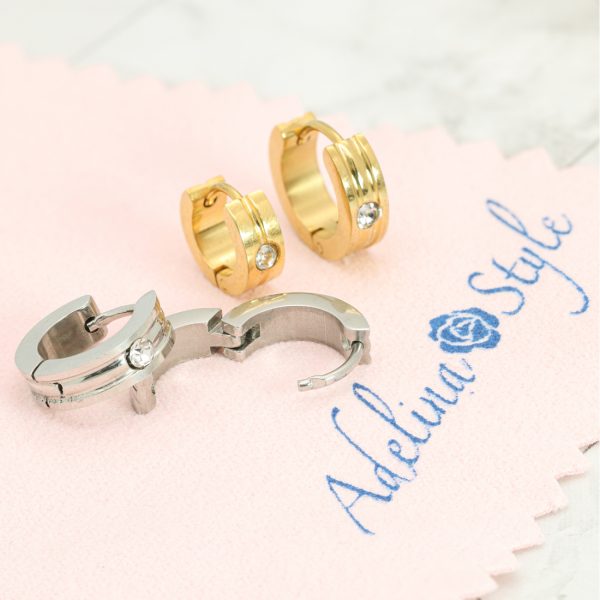 [Adelina Style] フープピアス 人気 太め 幅4mm 1粒キュービックジルコニア 鏡面 1ペア つけっぱなし 18G メンズ レディース リング ピアス サージカルステンレス 金属アレルギー対応 男女 - 画像 (8)