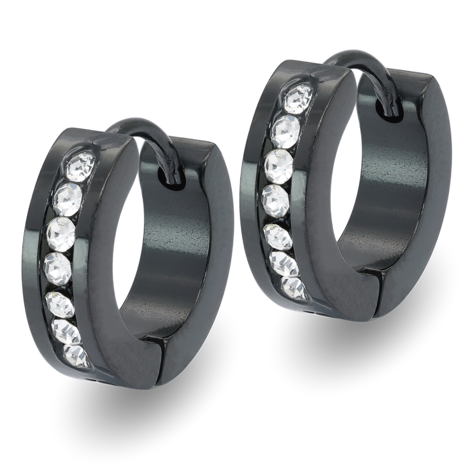 フープピアス 人気 太め 幅4mm 7粒キュービックジルコニア 鏡面 1ペア つけっぱなし 18G メンズ レディース リング ピアス サージカルステンレス 金属アレルギー対応 男女 - ブラック
