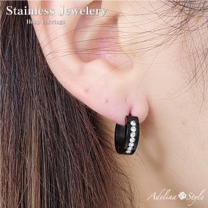 [Adelina Style] フープピアス 人気 太め 幅4mm 7粒キュービックジルコニア 鏡面 1ペア つけっぱなし 18G メンズ レディース リング ピアス サージカルステンレス 金属アレルギー対応 男女