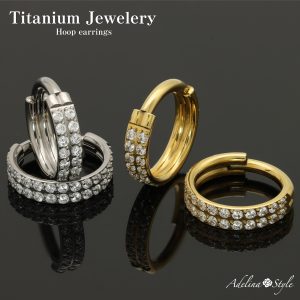 [Adelina Style] 純チタン ピアス 幅2.4mm 人気 フープピアス つけっぱなし 16G ラインストーン AAAAA ジルコニア 1ペア メンズ レディース 金属アレルギー対応