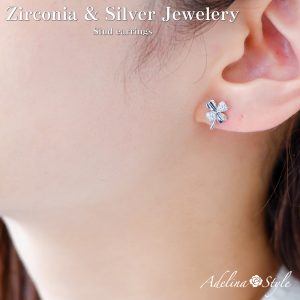 [Adelina Style] ピアス レディース 人気 シルバーピアス 1ペア 四つ葉のクローバー 高輝度 キュービックジルコニア レディース スタッドピアス シルバー925純銀 金属アレルギー対応 両耳