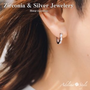 [Adelina Style] リングピアス レディース 人気 つけっぱなし 1ペア 小さめ フープピアス ラインストーン キュービックジルコニア シルバー S925 純銀製 金属アレルギー対応
